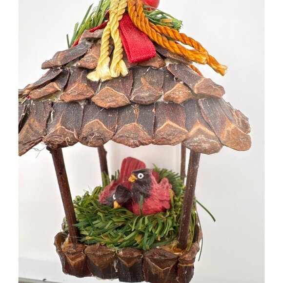 Rustic Birdhouse Christmas Tree Ornament with Cardinal Birds Pine Cone Roof - Picture 4 of 6